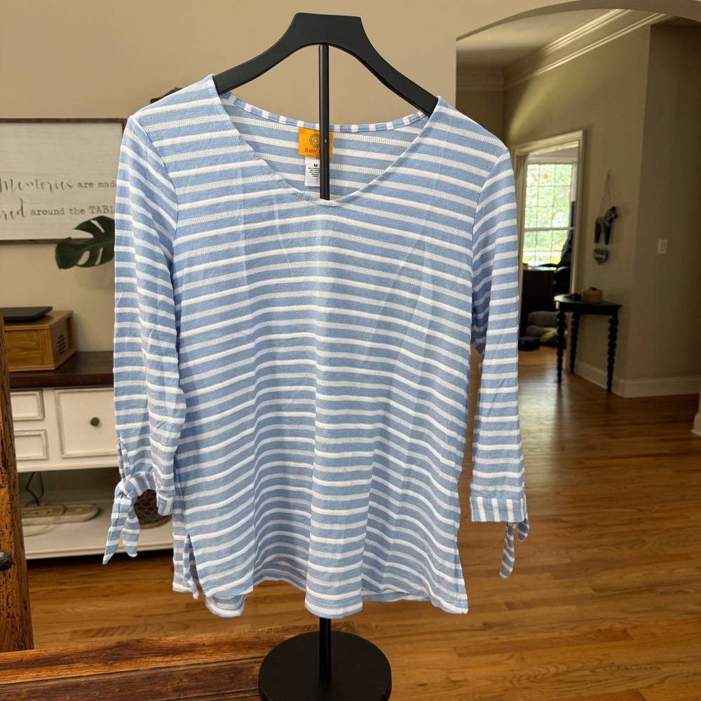 Ruby Rd Womens Blue White Striped 3/4 Sleeve Tie Cuff V-Neck Top Medium